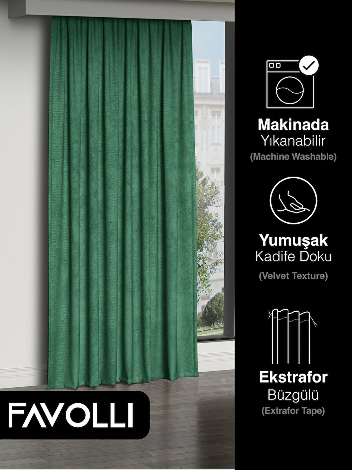 FAVOLLİ Kadife Dokulu Zümrüt Rengi Ada Fon Perde Ekstrafor Büzgülü Dream Series