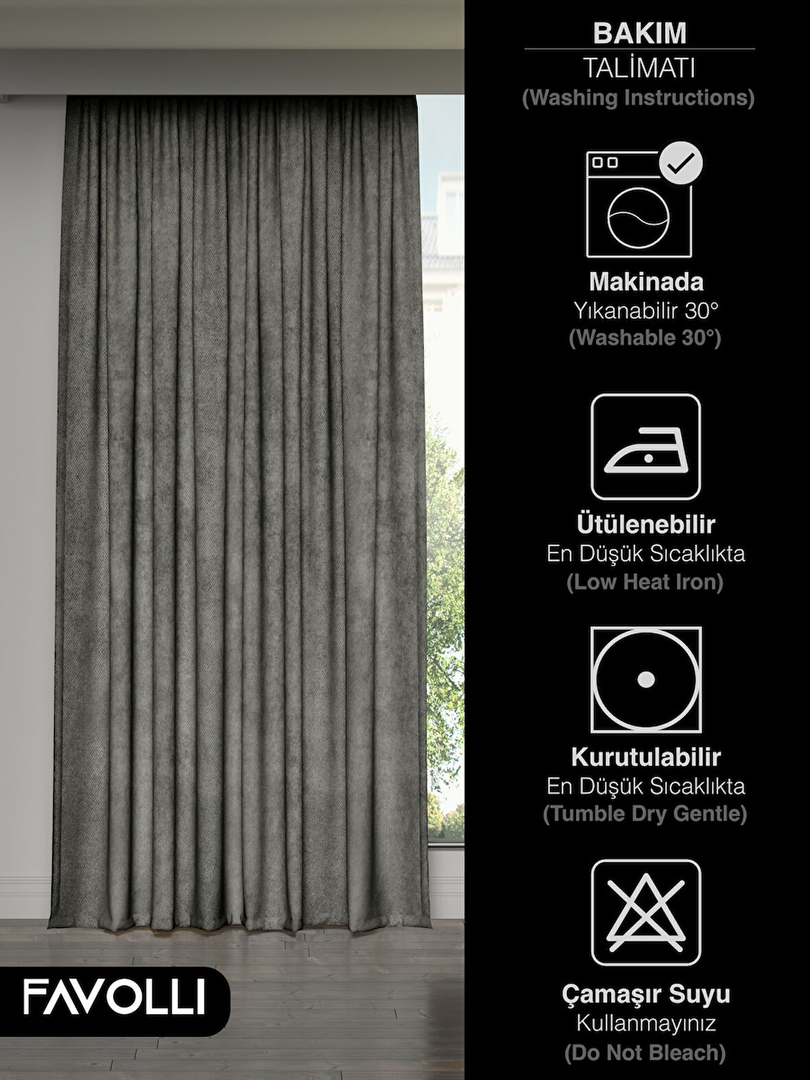 FAVOLLİ Kadife Dokulu Gri Ada Fon Perde Ekstrafor Büzgülü Dream Series