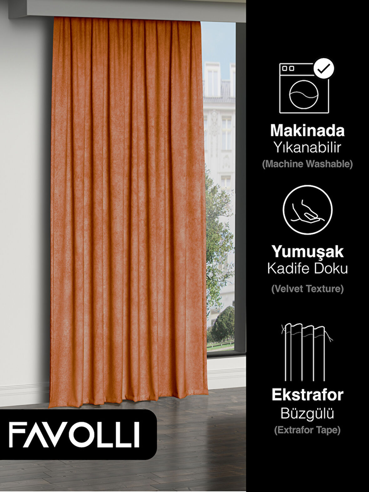 FAVOLLİ Kadife Dokulu Turuncu Ada Fon Perde Ekstrafor Büzgülü Dream Series