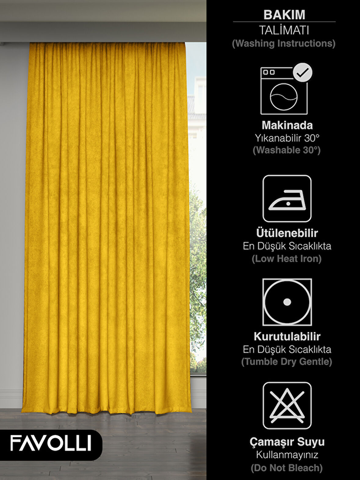 FAVOLLİ Kadife Dokulu Güneş Sarısı Ada Fon Perde Ekstrafor Büzgülü Dream Series