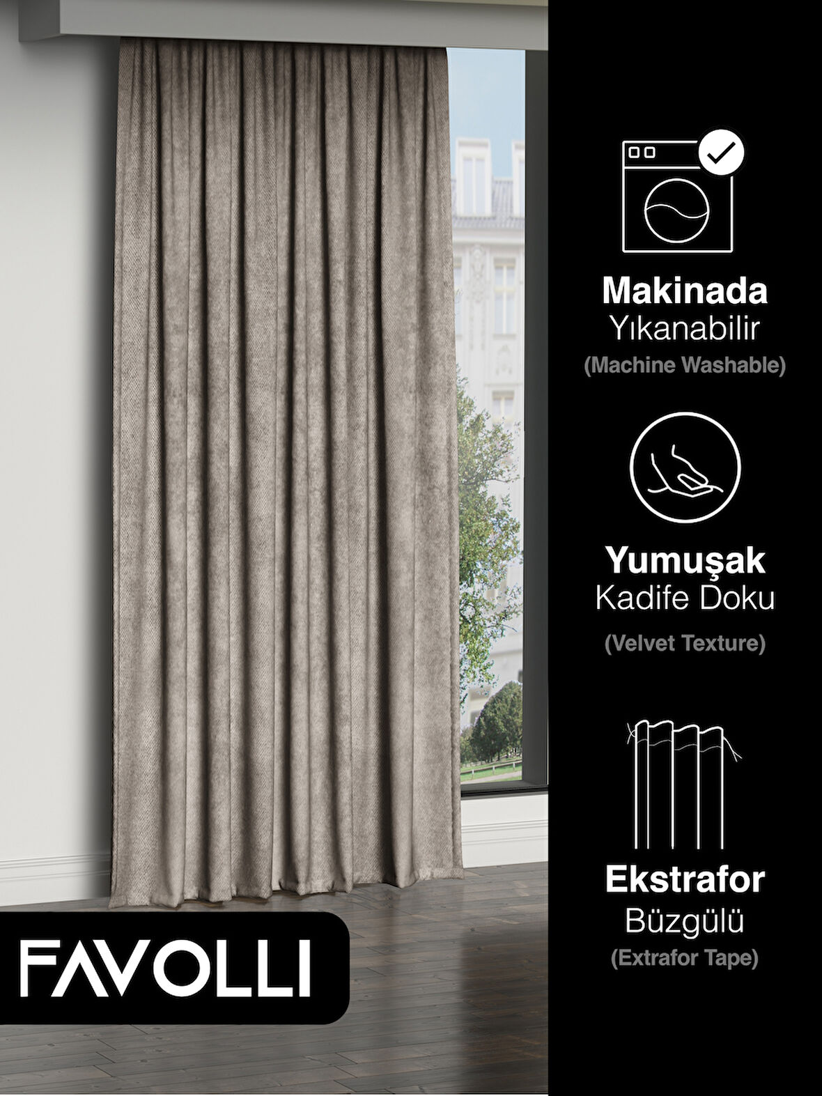 FAVOLLİ Kadife Dokulu Taş Rengi Ada Fon Perde Ekstrafor Büzgülü Dream Series