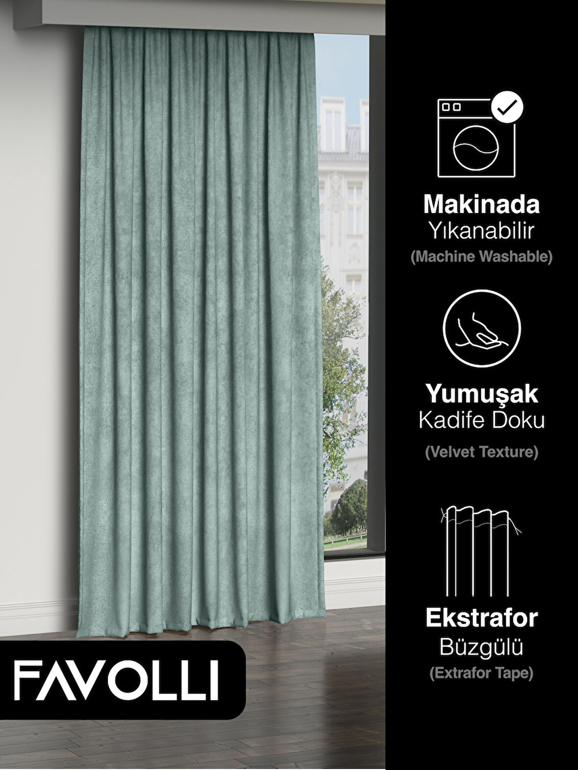 FAVOLLİ Kadife Dokulu Sis Mavisi Ada Fon Perde Ekstrafor Büzgülü Dream Series