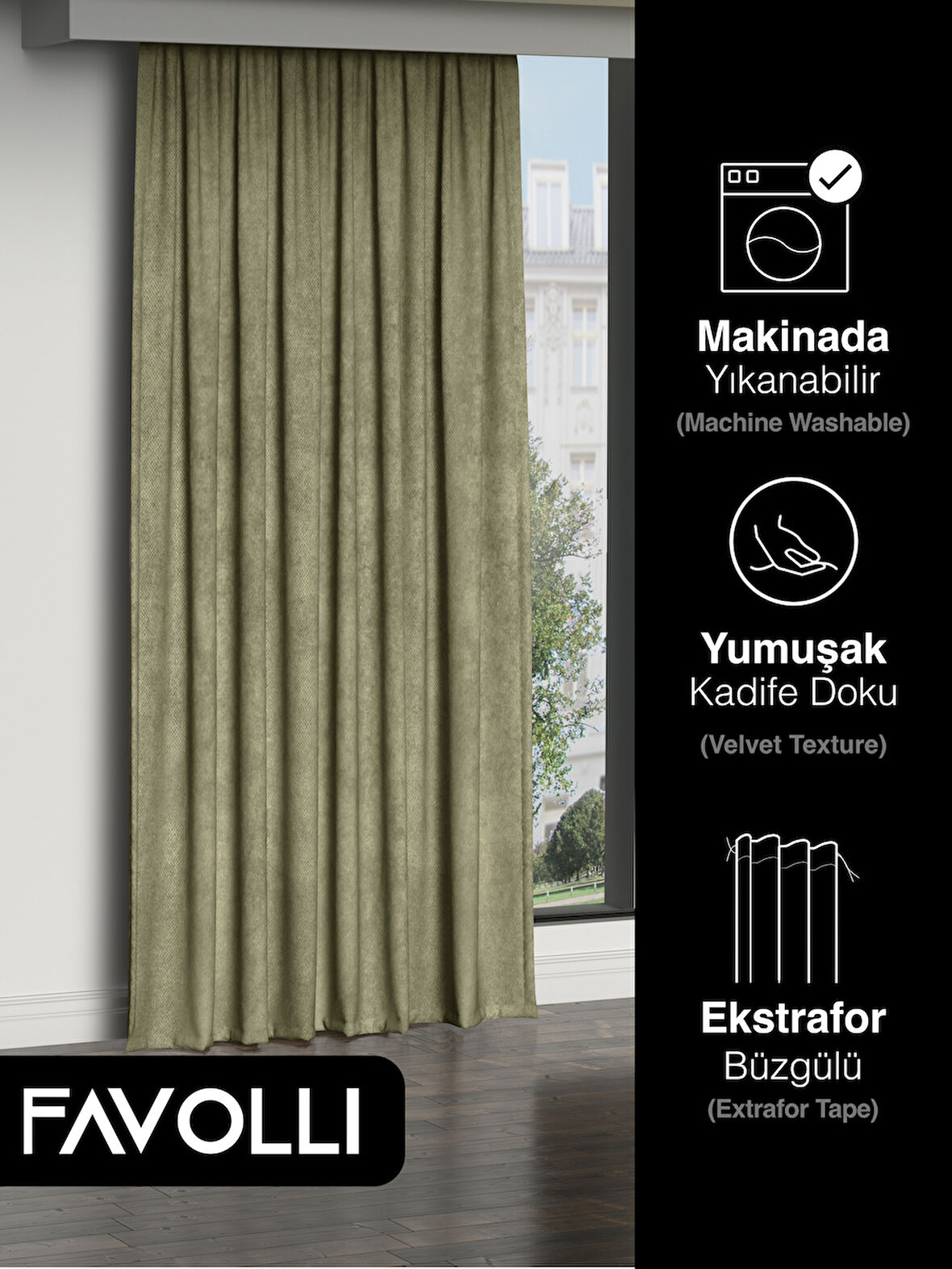 FAVOLLİ Kadife Dokulu Ada Çayı Ada Fon Perde Ekstrafor Büzgülü Dream Series