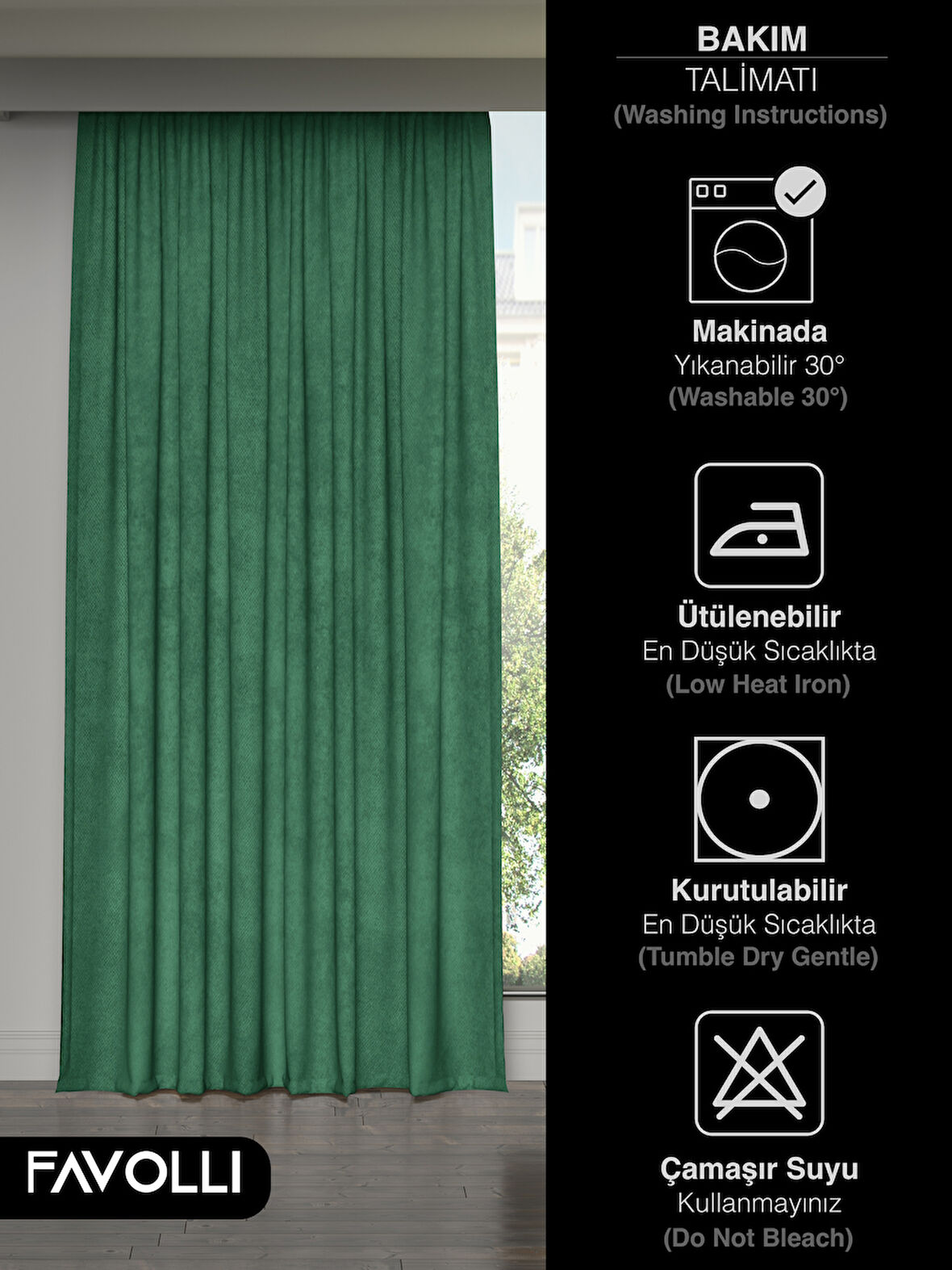 FAVOLLİ Kadife Dokulu Zümrüt Rengi Ada Fon Perde Ekstrafor Büzgülü Dream Series