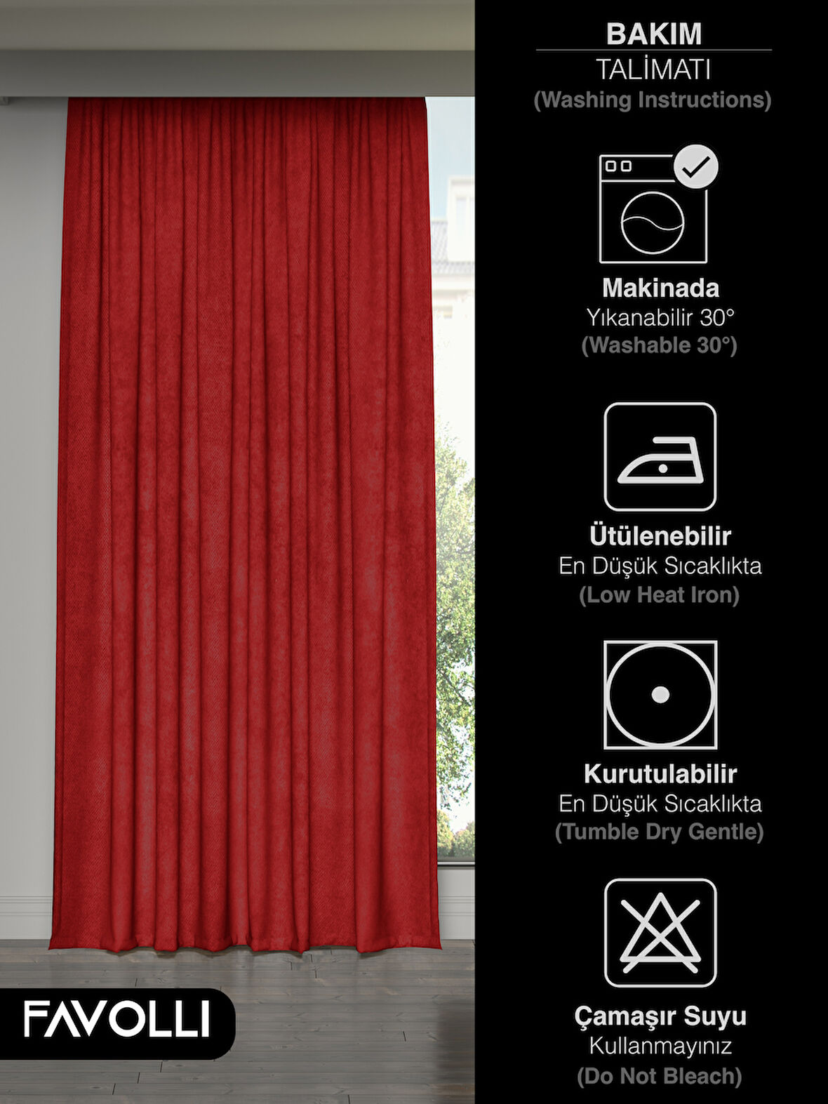 FAVOLLİ Kadife Dokulu Kırmızı Ada Fon Perde Ekstrafor Büzgülü Dream Series