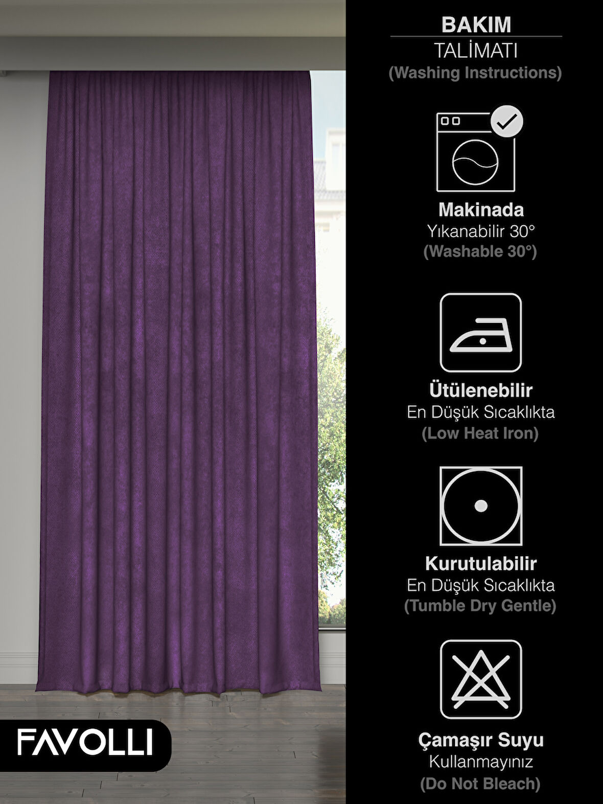 FAVOLLİ Kadife Dokulu Menekşe Moru Ada Fon Perde Ekstrafor Büzgülü Dream Series