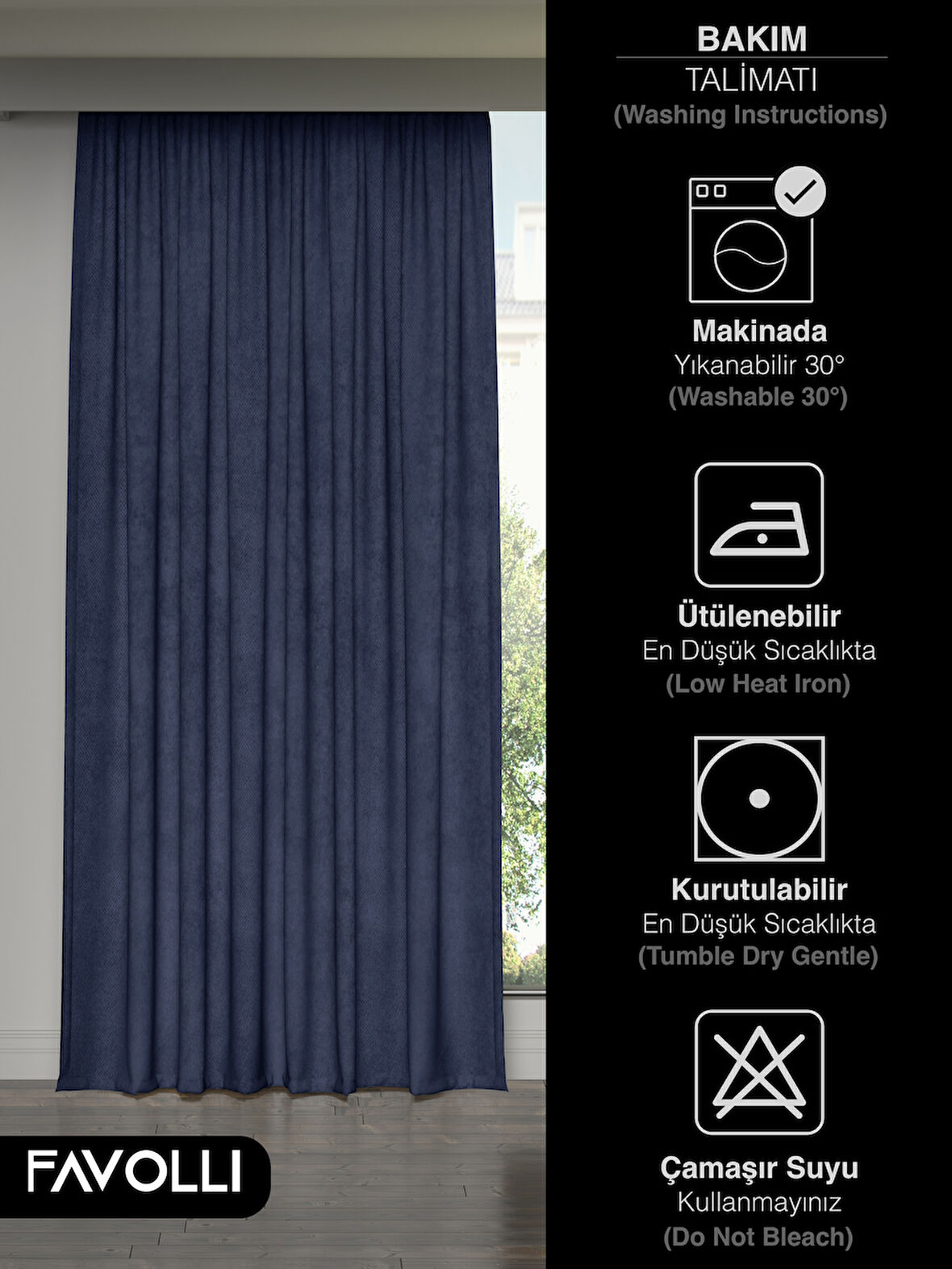 FAVOLLİ Kadife Dokulu Lacivert Ada Fon Perde Ekstrafor Büzgülü Dream Series