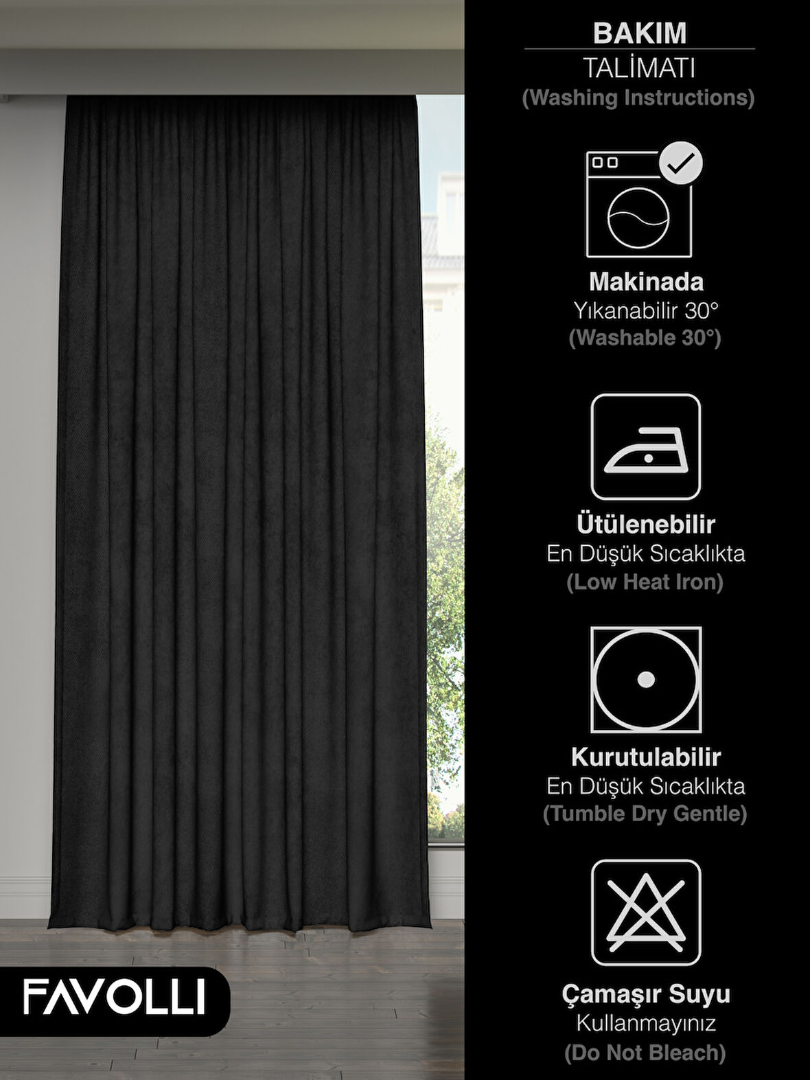 FAVOLLİ Kadife Dokulu Siyah Ada Fon Perde Ekstrafor Büzgülü Dream Series