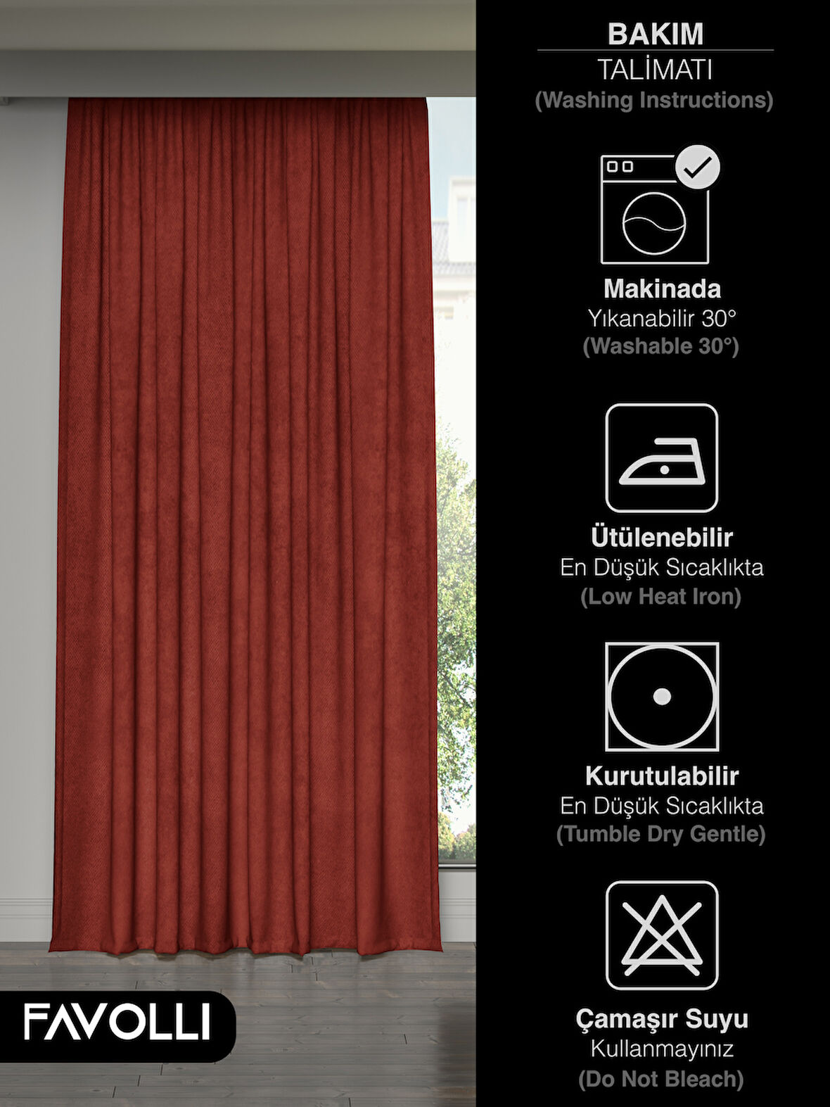 FAVOLLİ Kadife Dokulu Kiremit Rengi Ada Fon Perde Ekstrafor Büzgülü Dream Series