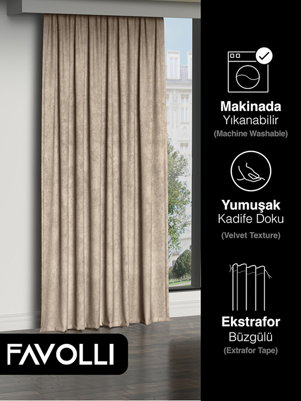 FAVOLLİ Kadife Dokulu Bej Ada Fon Perde Ekstrafor Büzgülü Dream Series
