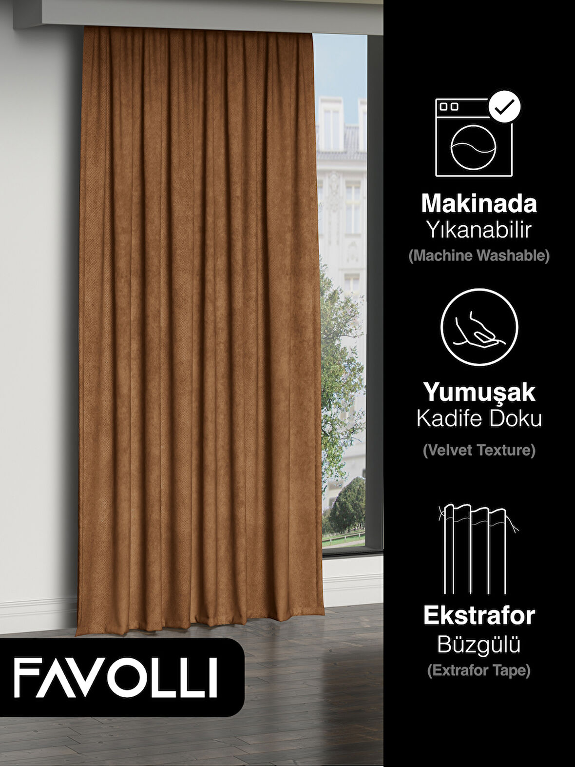 FAVOLLİ Kadife Dokulu Kaju Rengi Ada Fon Perde Ekstrafor Büzgülü Dream Series