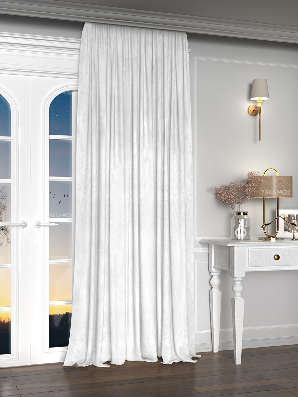 Yakamoz Kadife Görünüm Beyaz Renk Ada Fon Perde Ekstraforlu Velvet Touch Serisi
