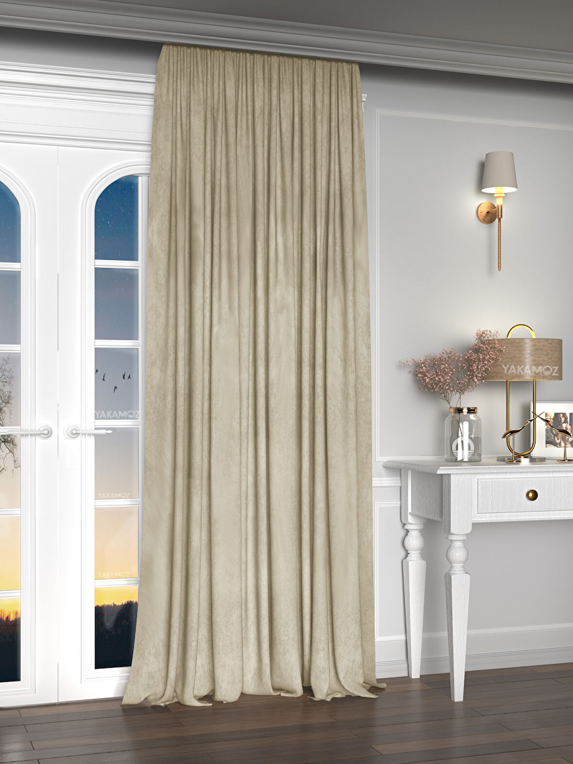Yakamoz Kadife Görünüm Kumsal Beji Ada Fon Perde Ekstraforlu Velvet Touch Serisi