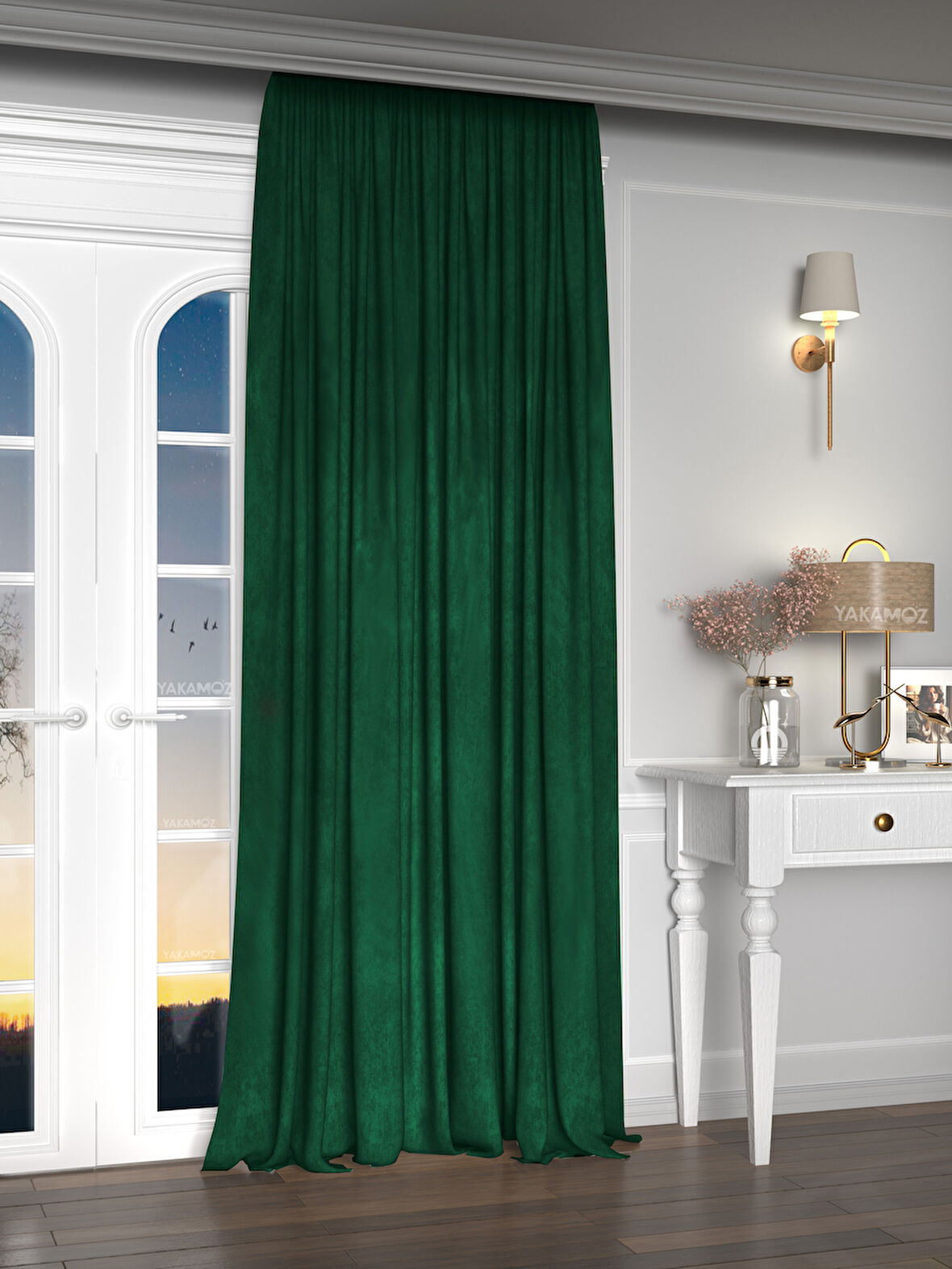 Yakamoz Kadife Görünüm Zümrüt Yeşili Ada Fon Perde Ekstraforlu Velvet Touch Serisi