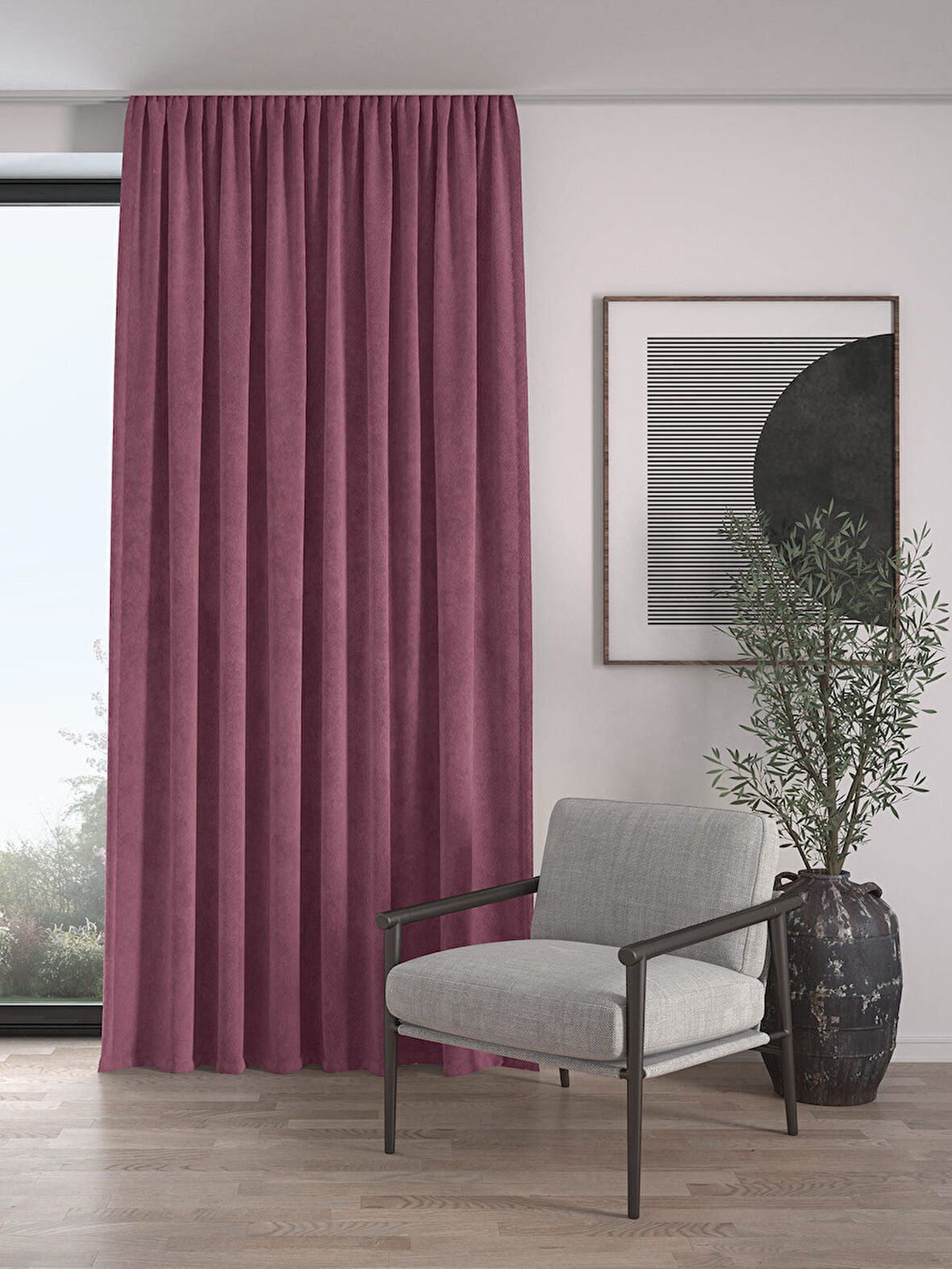 Kadife Dokulu Ekstrafor Büzgülü Lavanta Pembesi Yüksek Kalite Fon Perde Tek Kanat