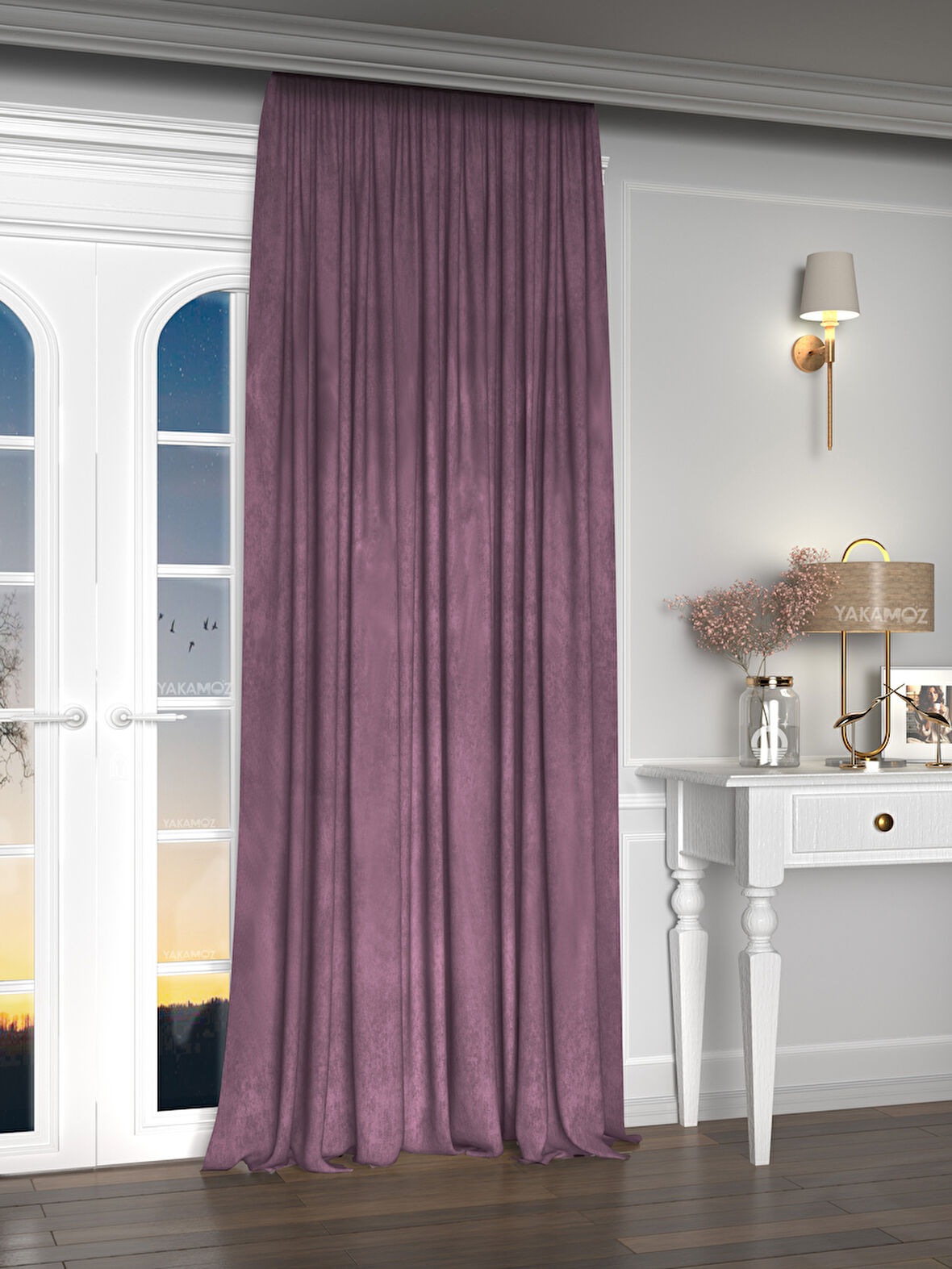 Yakamoz Kadife Görünüm Lavanta Pembesi Ada Fon Perde Ekstraforlu Velvet Touch Serisi