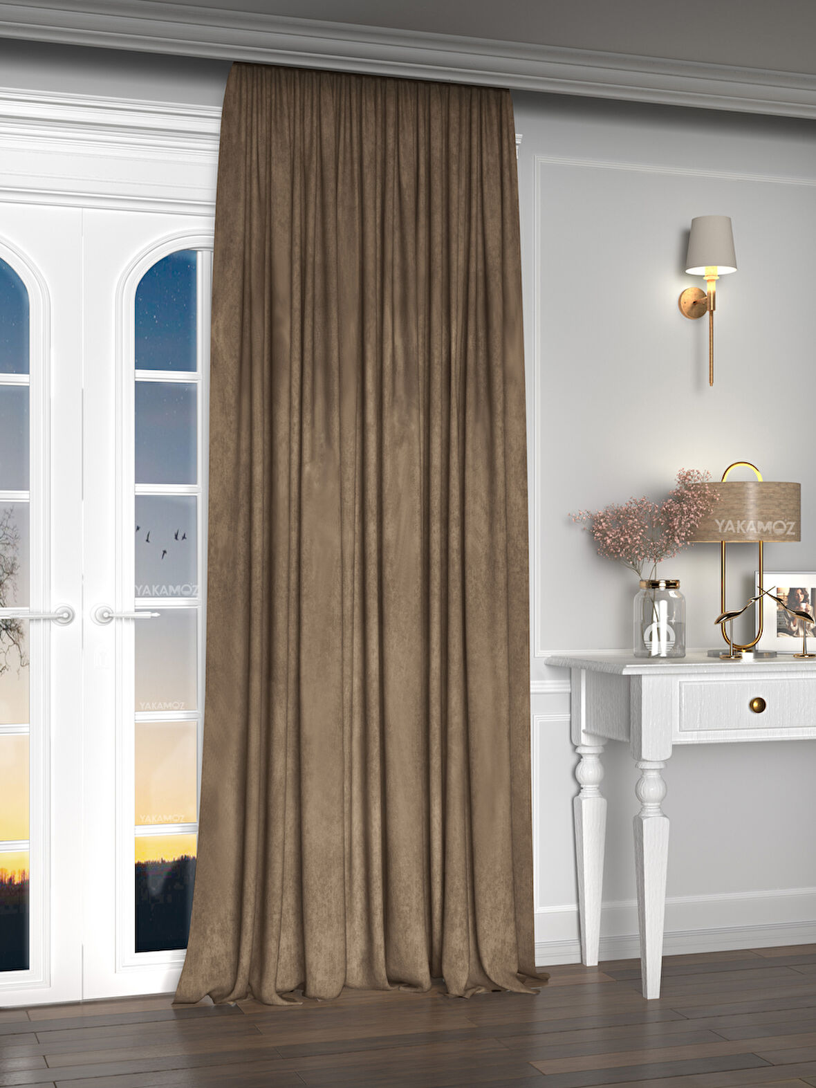 Yakamoz Kadife Görünüm Kaju Rengi Ada Fon Perde Ekstraforlu Velvet Touch Serisi