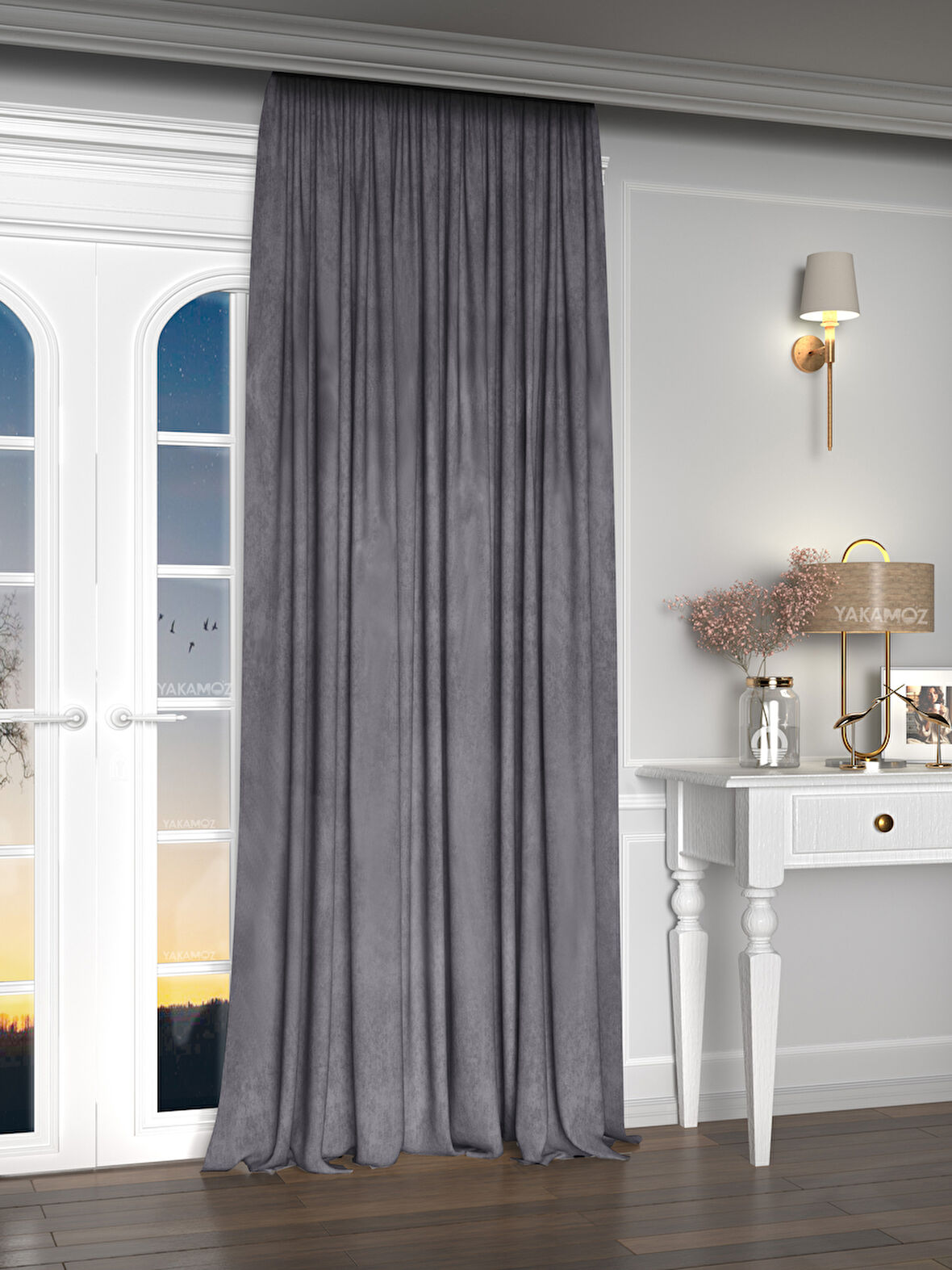 Yakamoz Kadife Görünüm Karanlık Gri Ada Fon Perde Ekstraforlu Velvet Touch Serisi