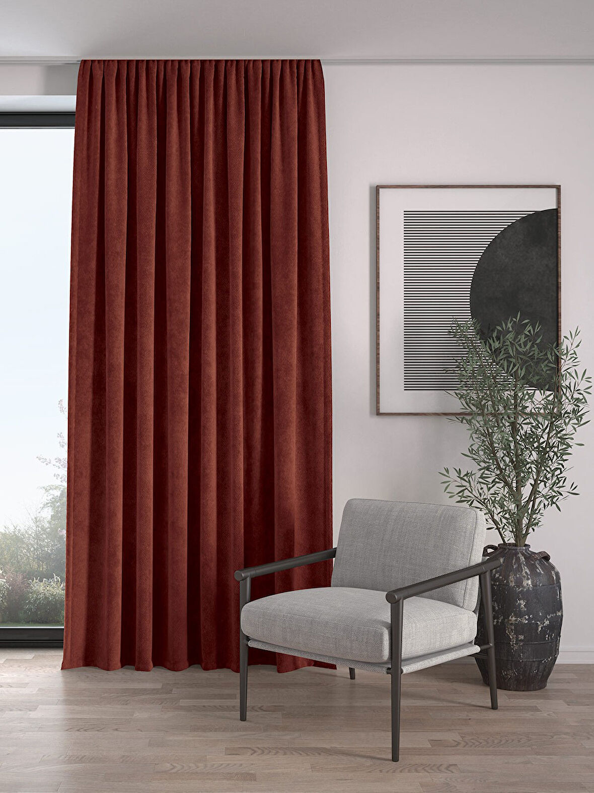 Kadife Dokulu Ekstrafor Büzgülü Kiremit Rengi Yüksek Kalite Fon Perde Tek Kanat