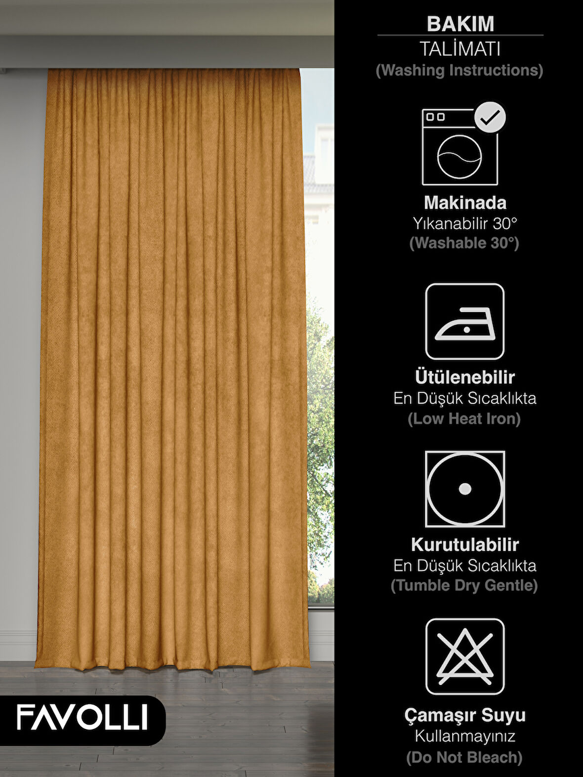 FAVOLLİ Kadife Dokulu Safran Rengi Ada Fon Perde Ekstrafor Büzgülü Dream Series