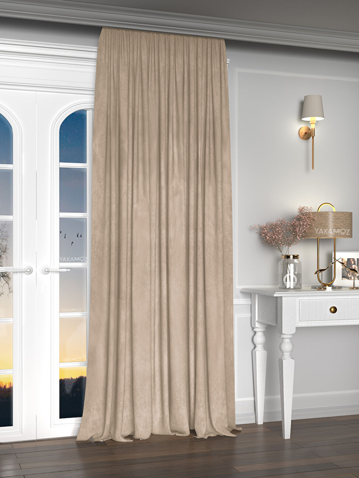Yakamoz Kadife Görünüm Kum Beji  Ada Fon Perde Ekstraforlu Velvet Touch Serisi