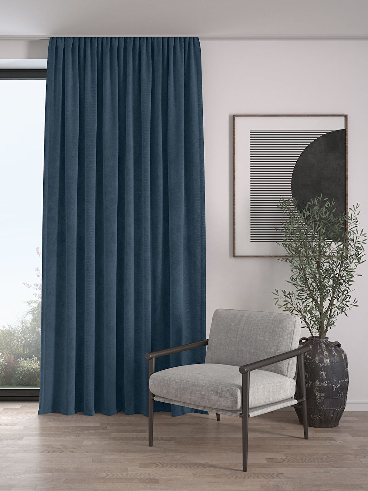 Kadife Dokulu Ekstrafor Büzgülü Güvercin Mavisi Yüksek Kalite Fon Perde Tek Kanat