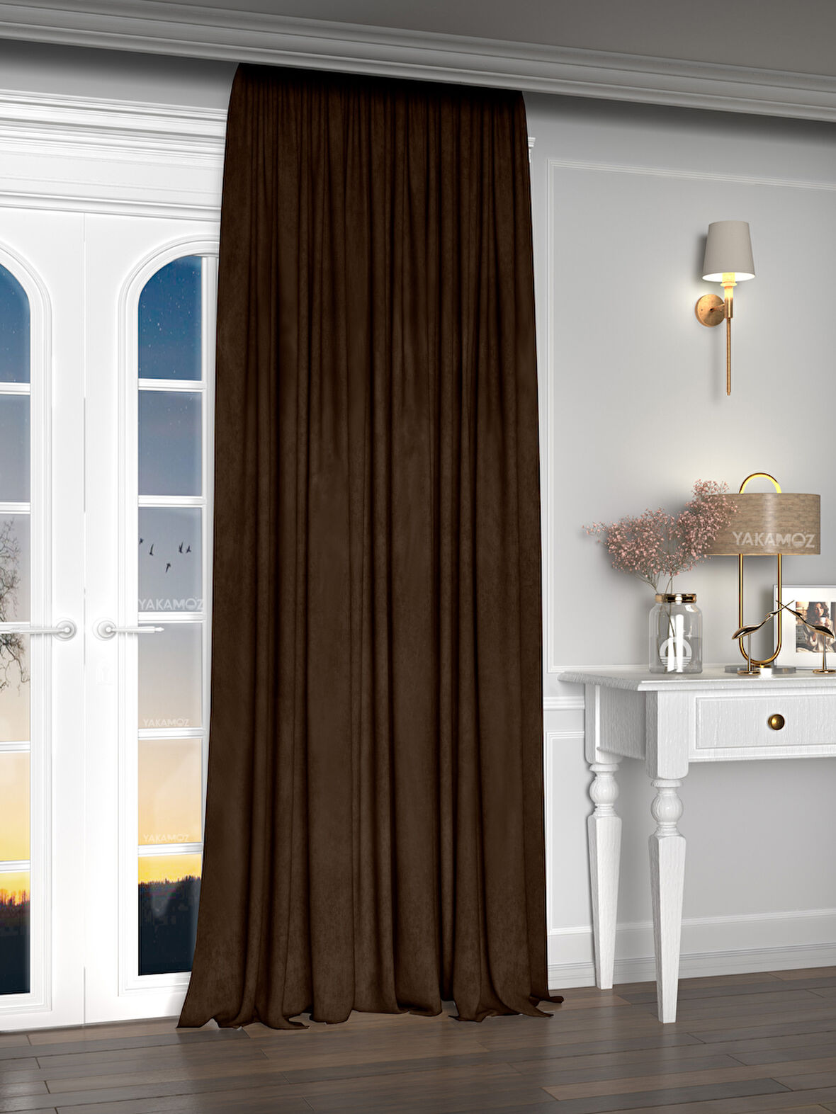 Yakamoz Kadife Görünüm Çikolata Kahvesi Ada Fon Perde Ekstraforlu Velvet Touch Serisi