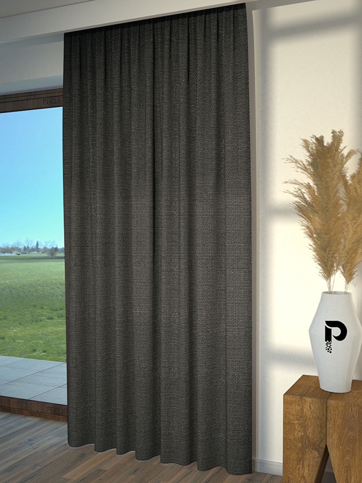 PERLE Koyu Gri Renk Keten Dokulu Fon Perde Ekstrafor Büzgülü