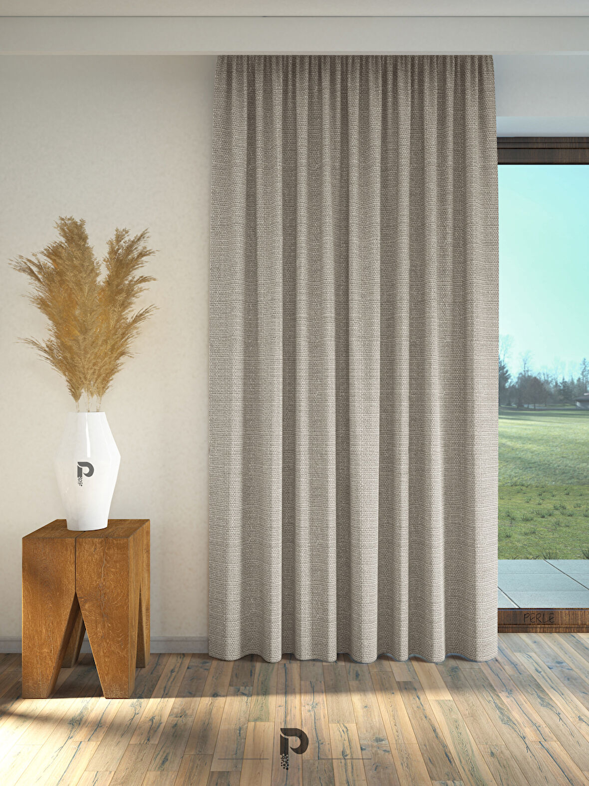 PERLE Açık Gri Keten Dokulu Fon Perde Ekstrafor Büzgülü