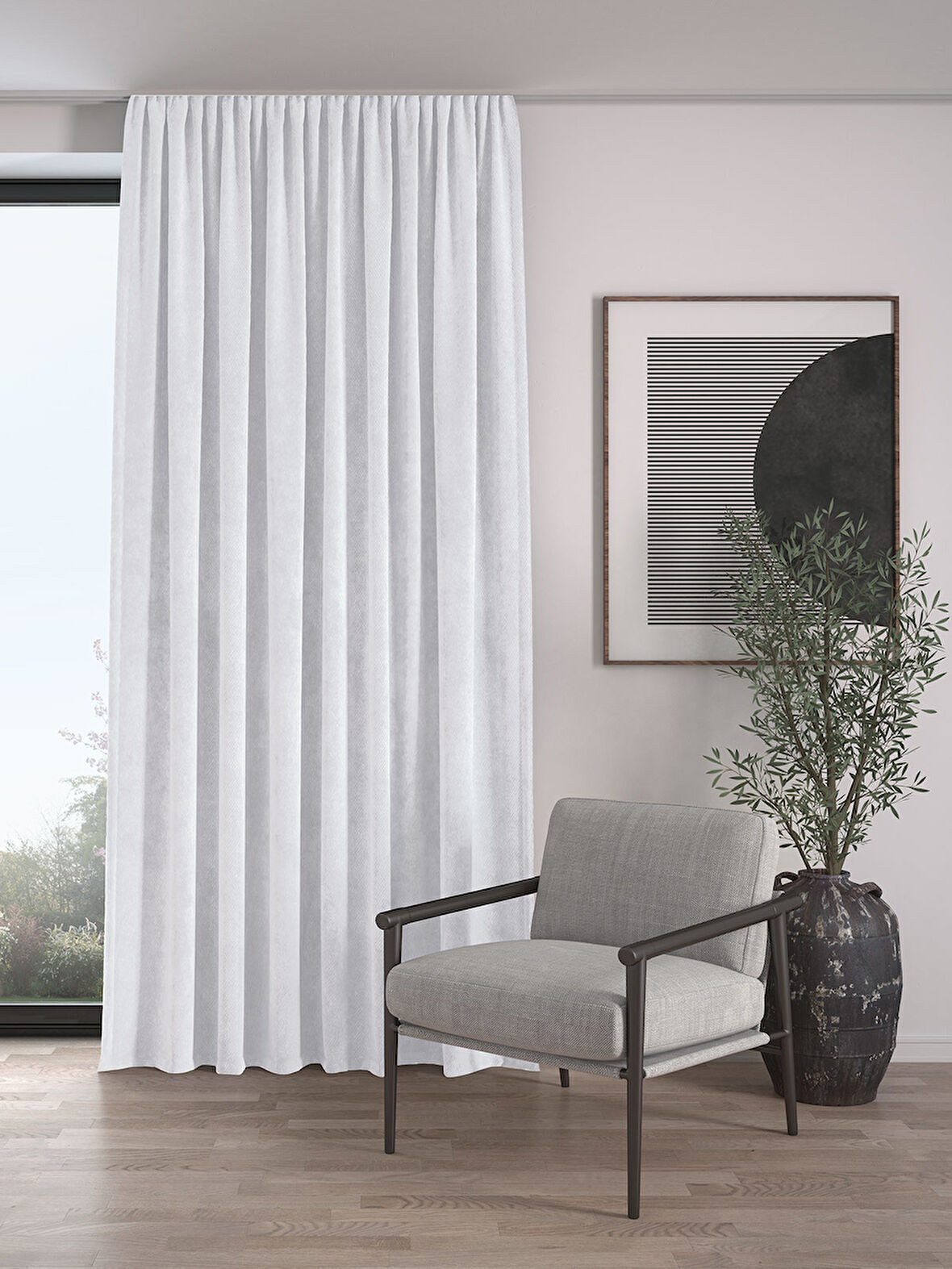 Kadife Dokulu Ekstrafor Büzgülü Kar Beyazı Yüksek Kalite Fon Perde Tek Kanat