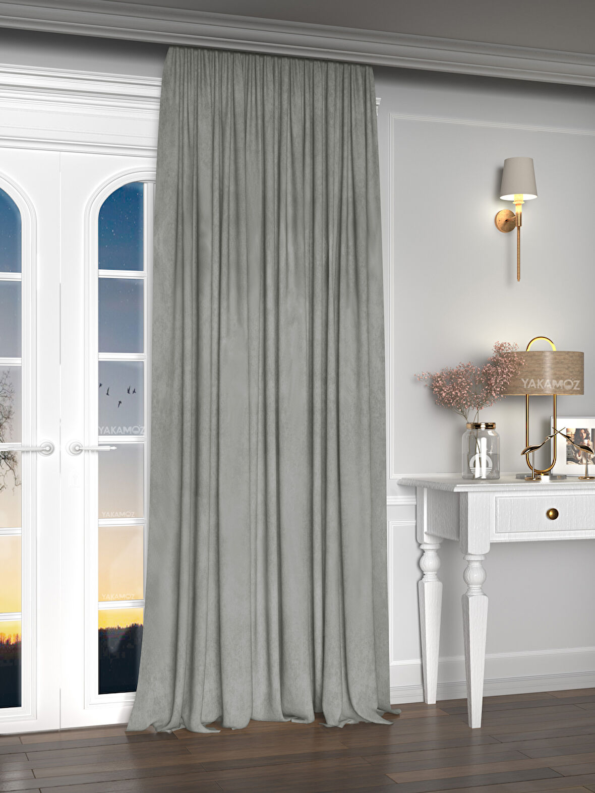 Yakamoz Kadife Görünüm Açık Gri Ada Fon Perde Ekstraforlu Velvet Touch Serisi