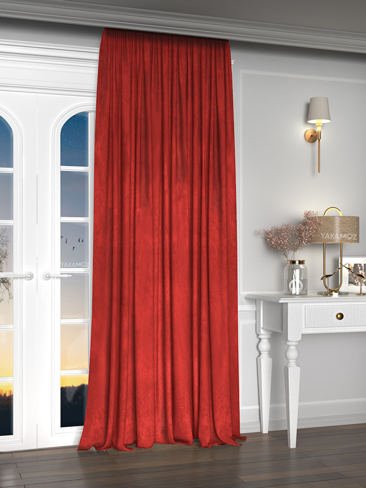 Yakamoz Kadife Görünüm Kırmızı Ada Fon Perde Ekstraforlu Velvet Touch Serisi