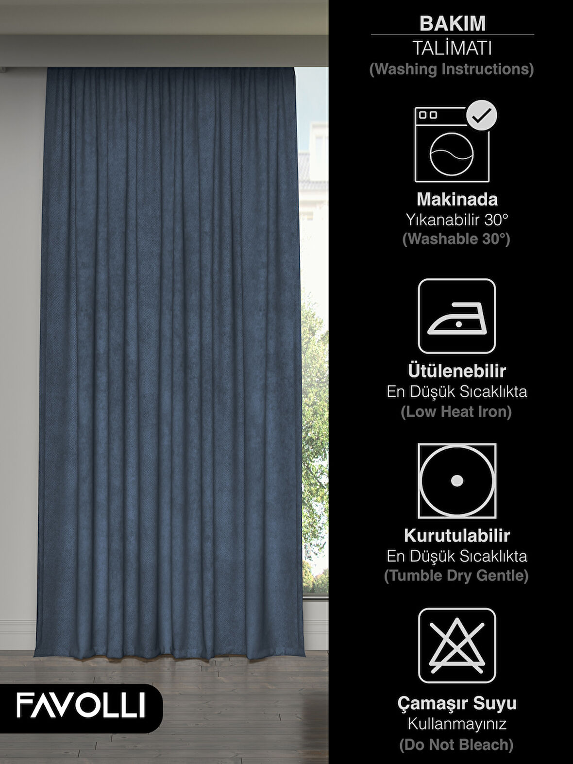 FAVOLLİ Kadife Dokulu Derin Mavi Ada Fon Perde Ekstrafor Büzgülü Dream Series