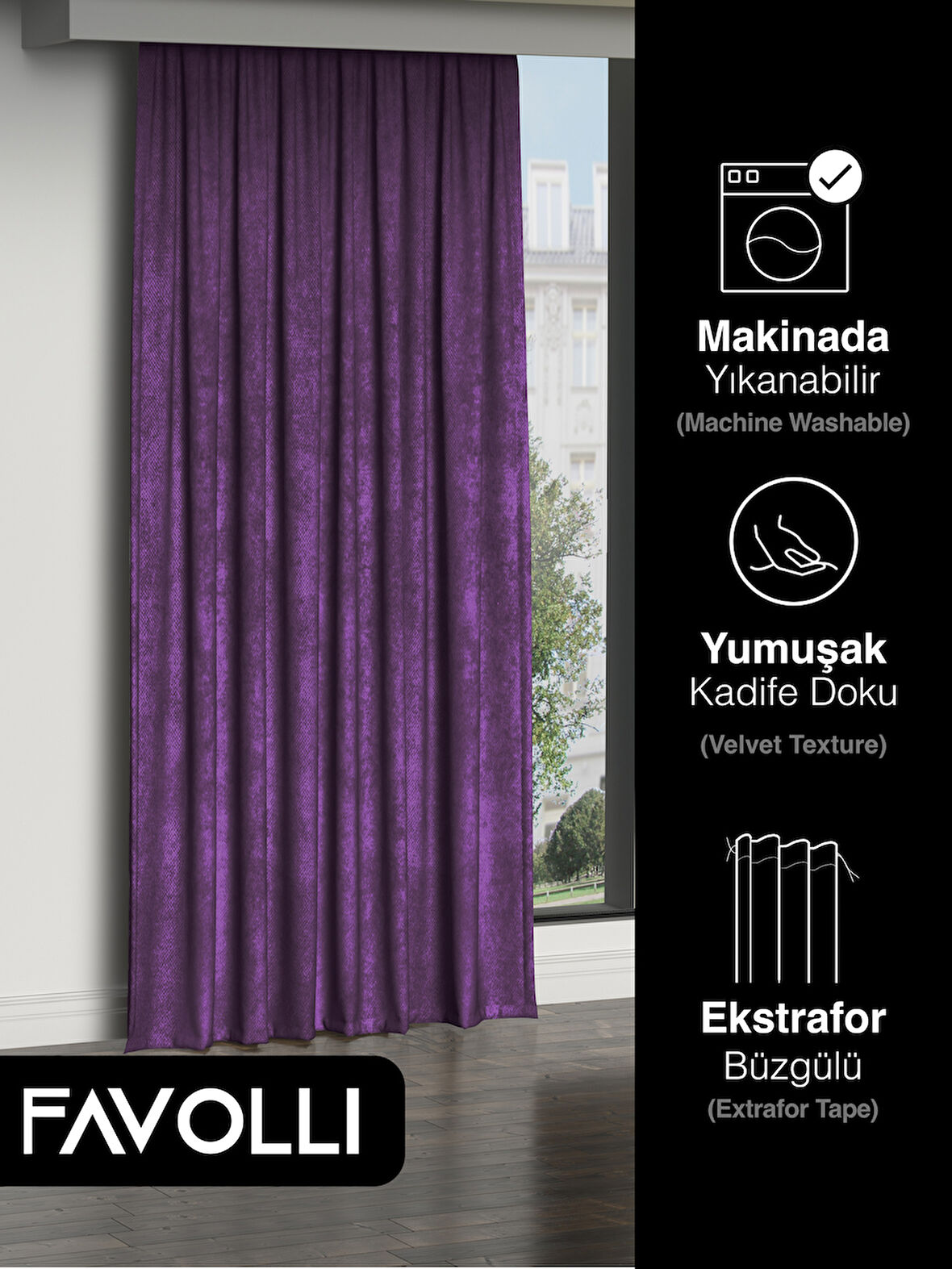 FAVOLLİ Kadife Dokulu Menekşe Moru Ada Fon Perde Ekstrafor Büzgülü Dream Series