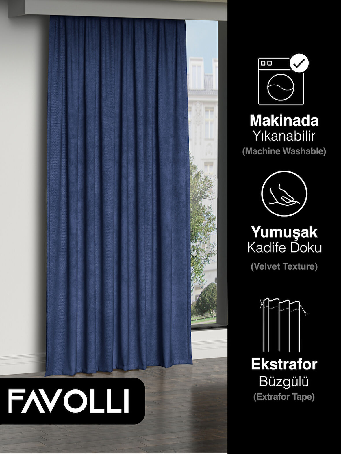 FAVOLLİ Kadife Dokulu Safir Rengi Ada Fon Perde Ekstrafor Büzgülü Dream Series