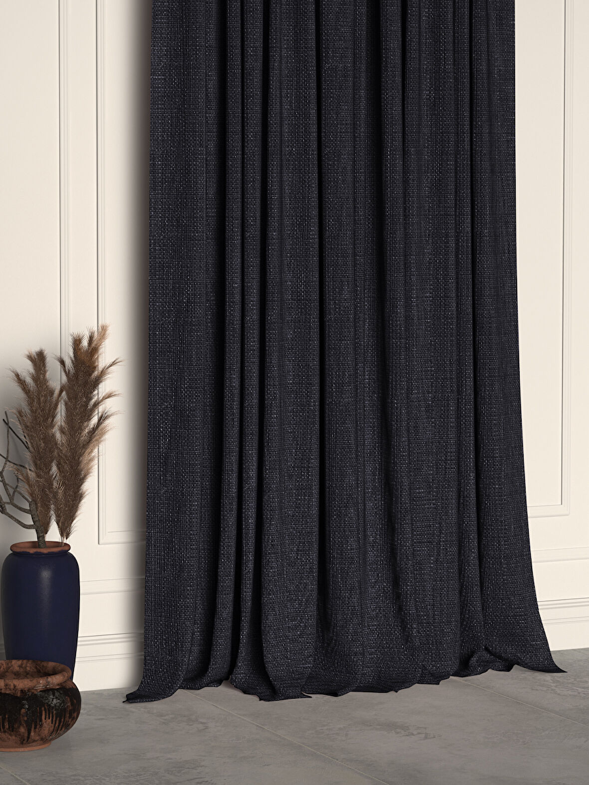 Demor Home Gece Siyahı Keten Dokulu Pileli Yüksek Kalite Fon Perde
