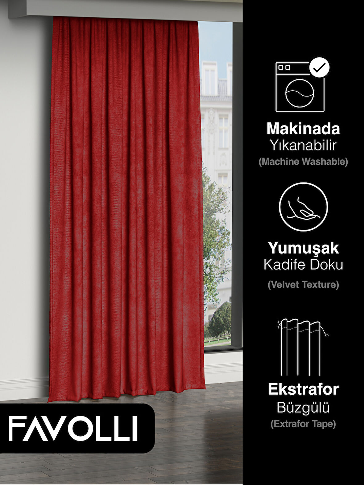 FAVOLLİ Kadife Dokulu Kırmızı Ada Fon Perde Ekstrafor Büzgülü Dream Series