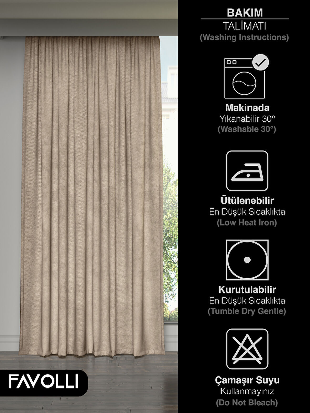 FAVOLLİ Kadife Dokulu Bej Ada Fon Perde Ekstrafor Büzgülü Dream Series