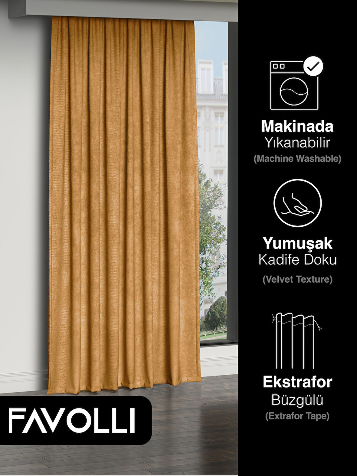 FAVOLLİ Kadife Dokulu Safran Rengi Ada Fon Perde Ekstrafor Büzgülü Dream Series