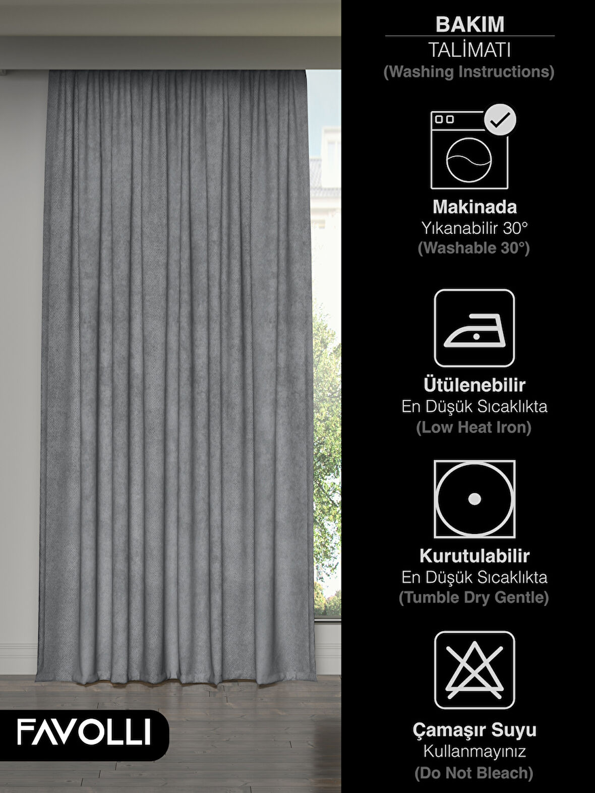 FAVOLLİ Kadife Dokulu Gümüş Grisi Ada Fon Perde Ekstrafor Büzgülü Dream Series