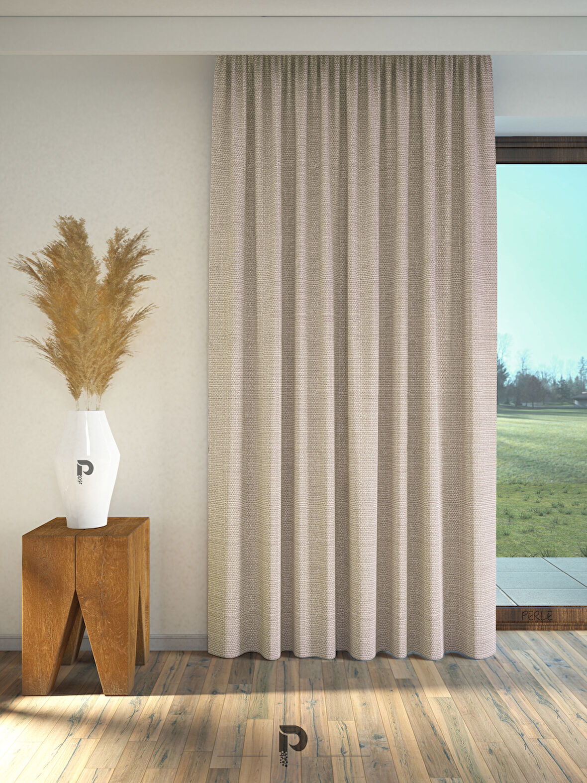 PERLE Taş Rengi Keten Dokulu Fon Perde Ekstrafor Büzgülü