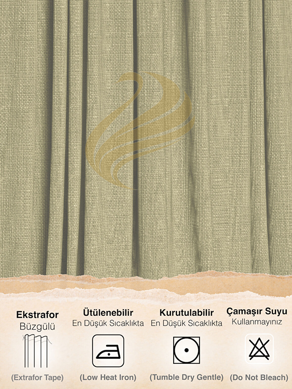 Demor Home Zeytin Yeşili Keten Dokulu Pileli Yüksek Kalite Fon Perde