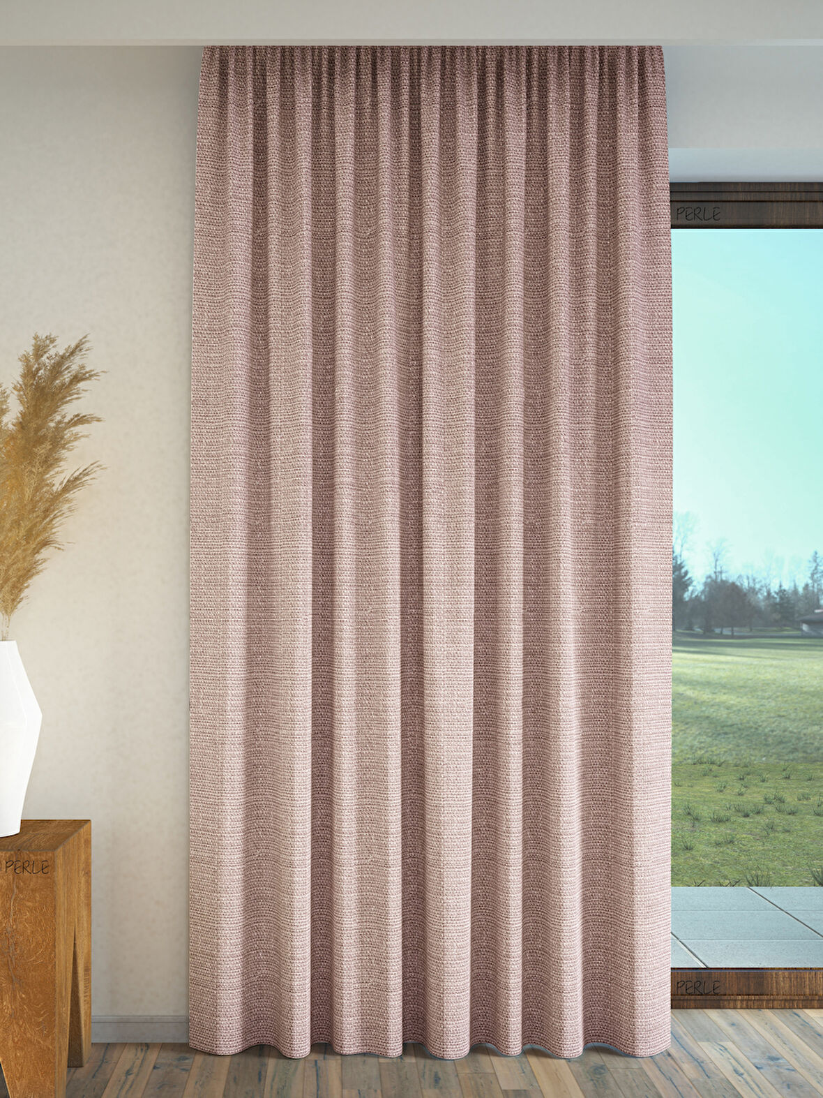 PERLE Açık Pembe Keten Dokulu Fon Perde Ekstrafor Büzgülü