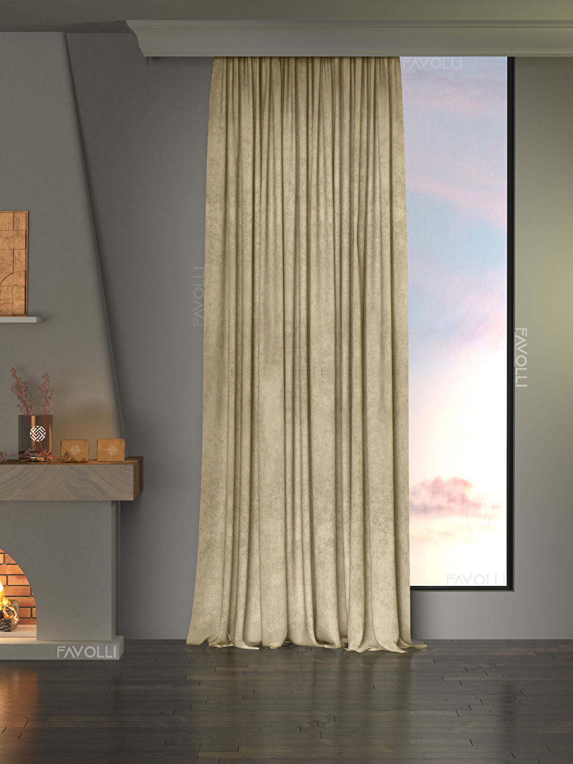 Kadife Dokulu Bej Ada Fon Perde Ekstrafor Büzgülü Dream Series