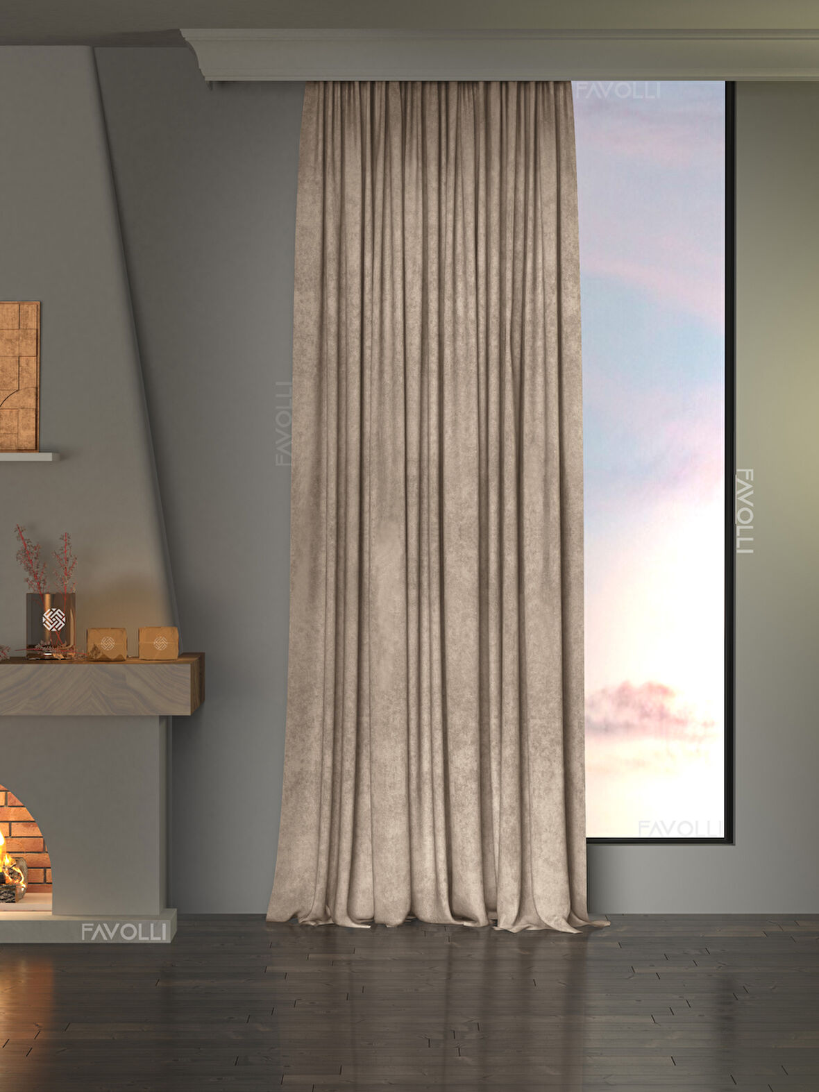 Kadife Dokulu Sahra Beji Ada Fon Perde Ekstrafor Büzgülü Dream Series