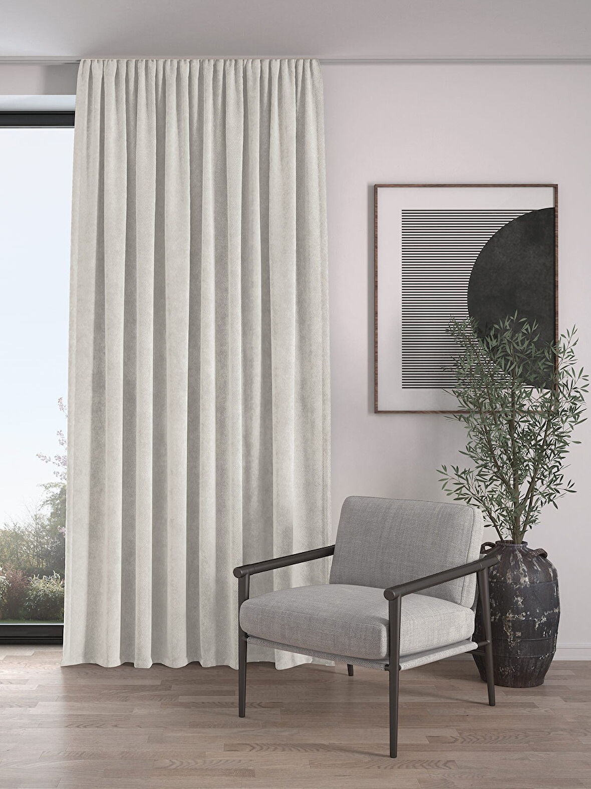 Kadife Dokulu Ekstrafor Büzgülü Badem Ezmesi Rengi Yüksek Kalite Fon Perde Tek Kanat