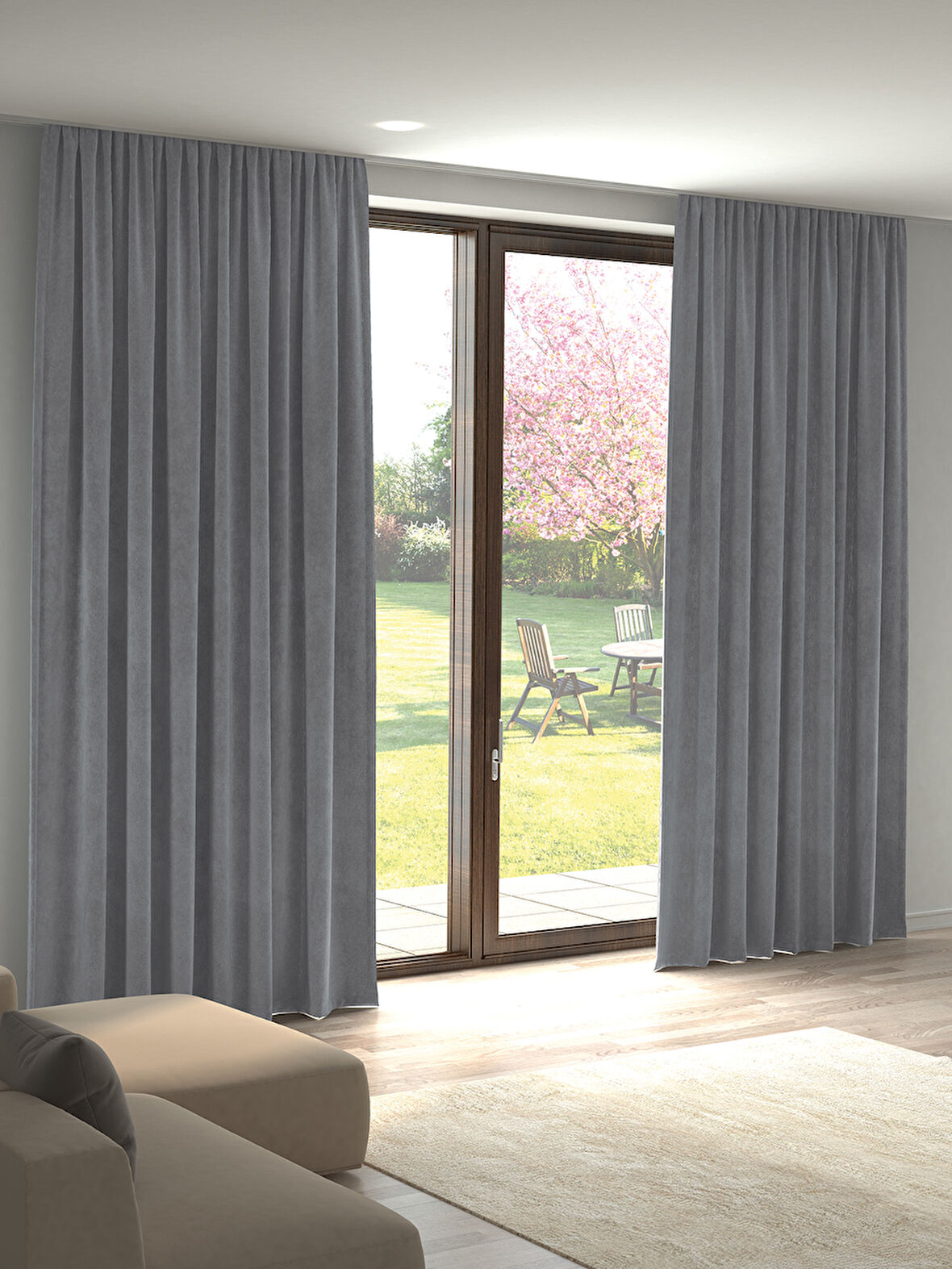 Kadife Dokulu Metalik Gümüş Renk Ada Fon Perde Ekstrafor Büzgülü