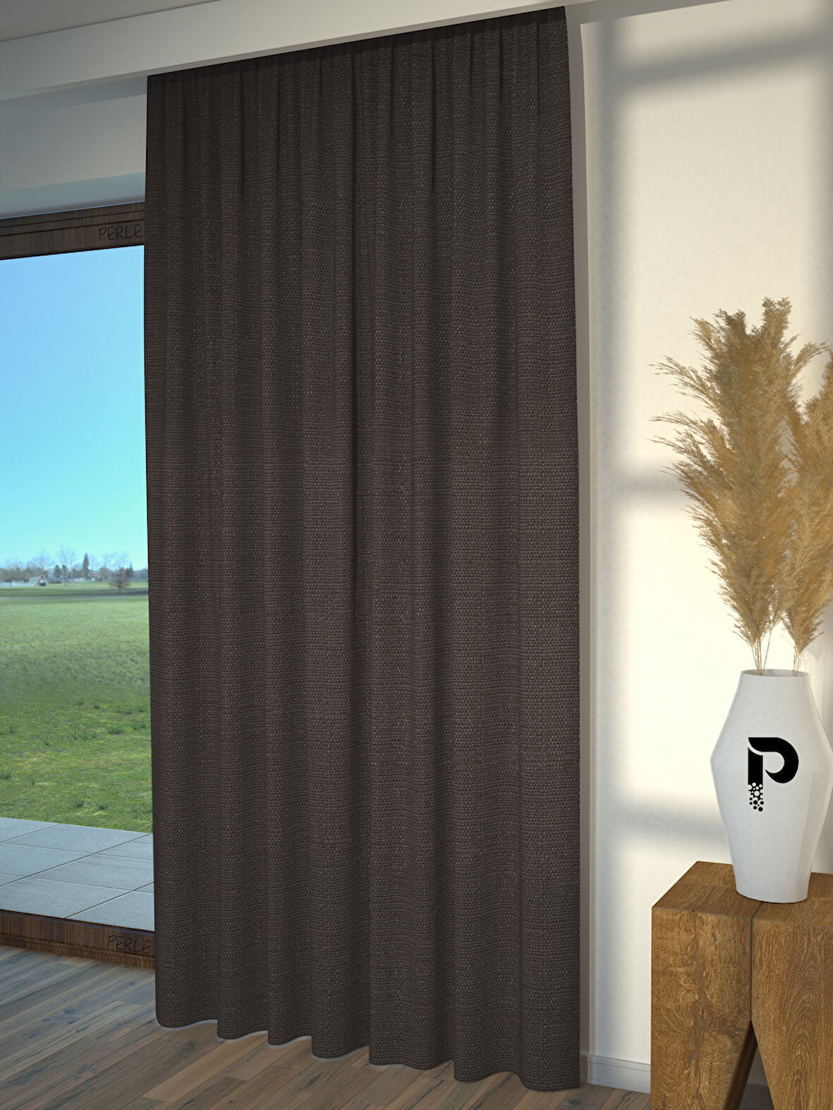PERLE Antrasit Renk Keten Dokulu Fon Perde Ekstrafor Büzgülü