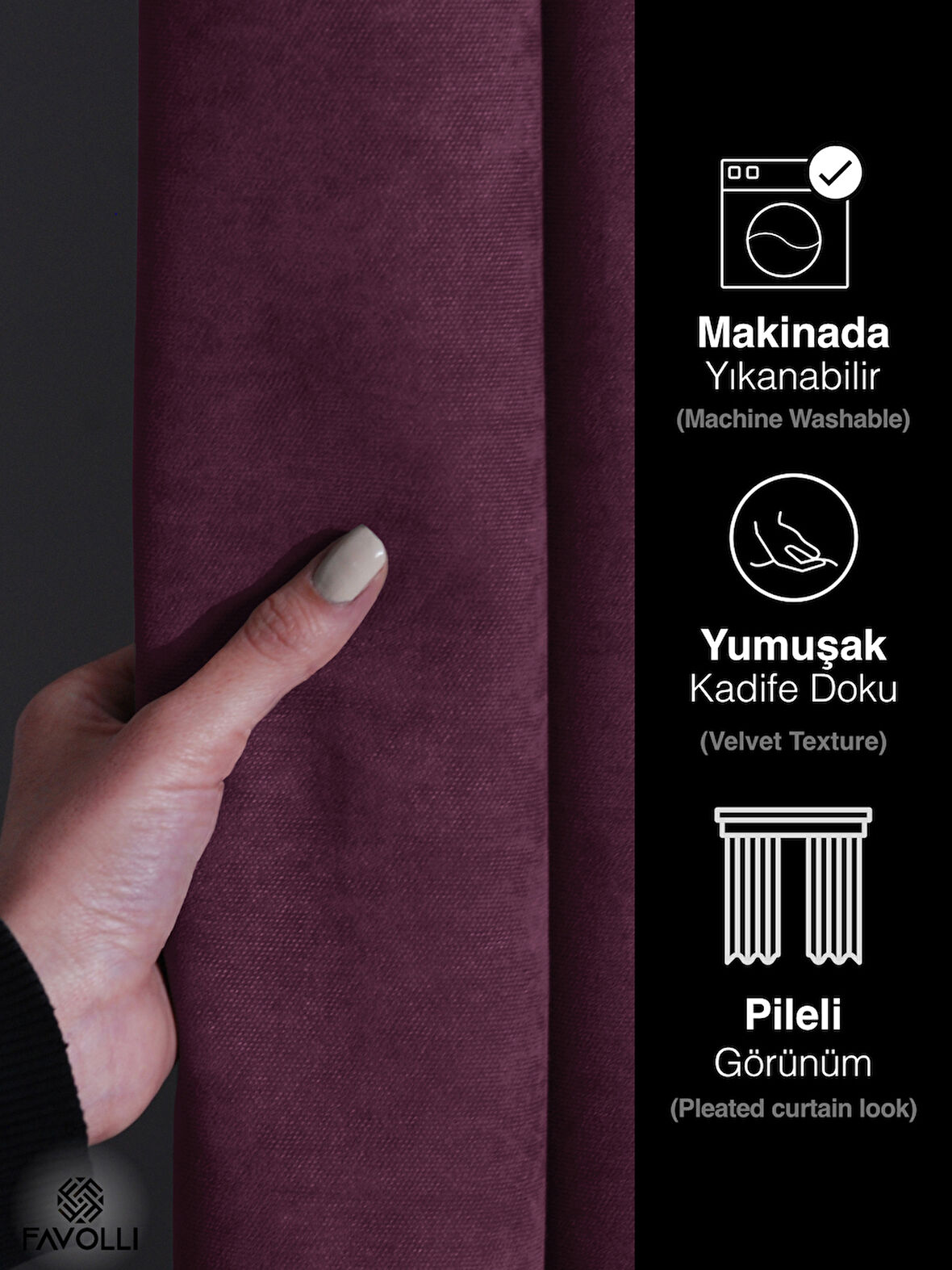 FAVOLLİ Kadife Dokulu Lavanta Pembesi Rengi Ada Fon Perde Ekstrafor Büzgülü Dream Series