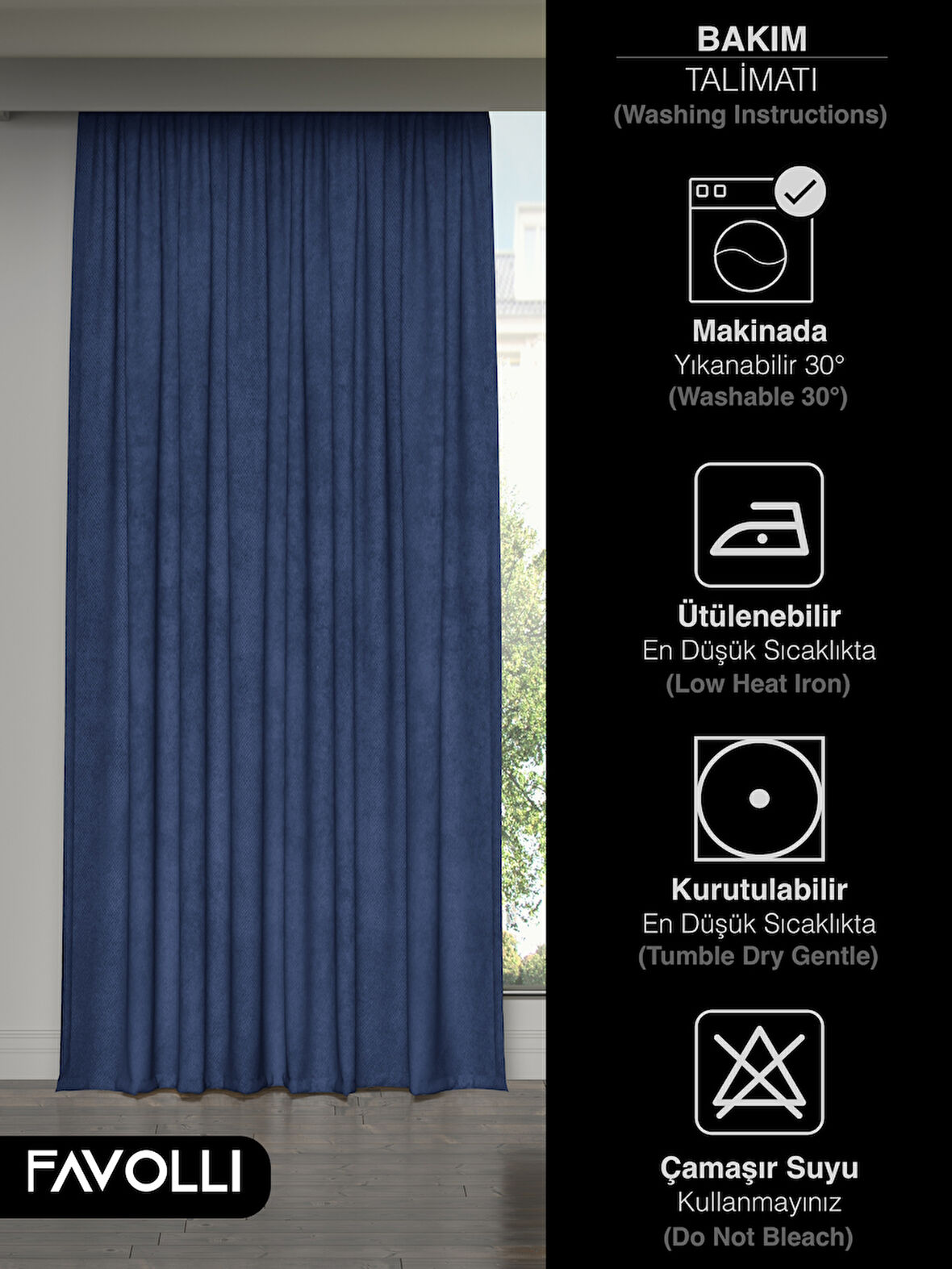 FAVOLLİ Kadife Dokulu Safir Rengi Ada Fon Perde Ekstrafor Büzgülü Dream Series